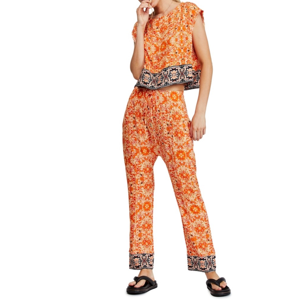 Free People Womens 2-Piece Set Casual Wide Leg Pants, orange Sz XS tie dye